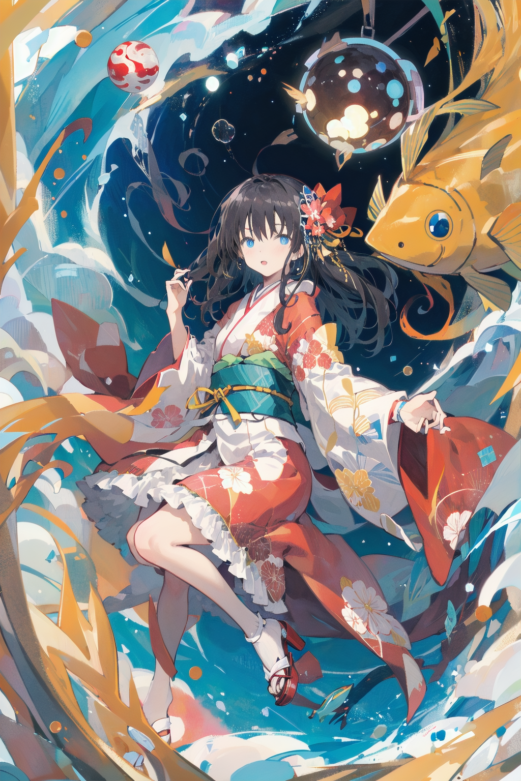 00087-713654964-watercolor,1girl, japanese clothes, long hair, black hair, kimono, planet, blue eyes, fish, bubble, solo, red kimono, air bubble.png